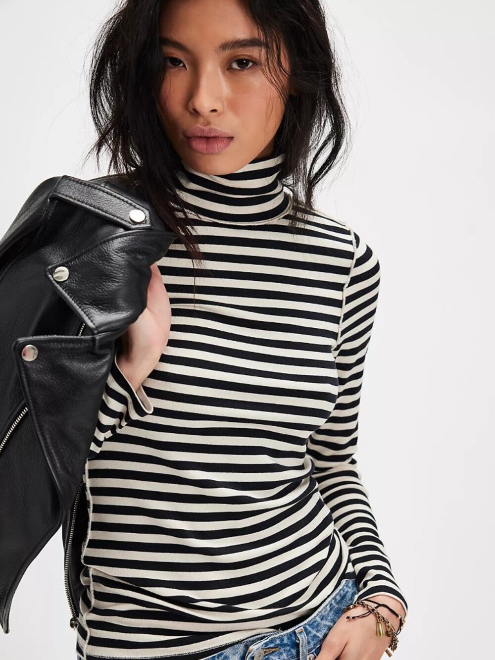 Free People We The Free Striped Turtleneck - Black & White Ribbed Knit - Size S